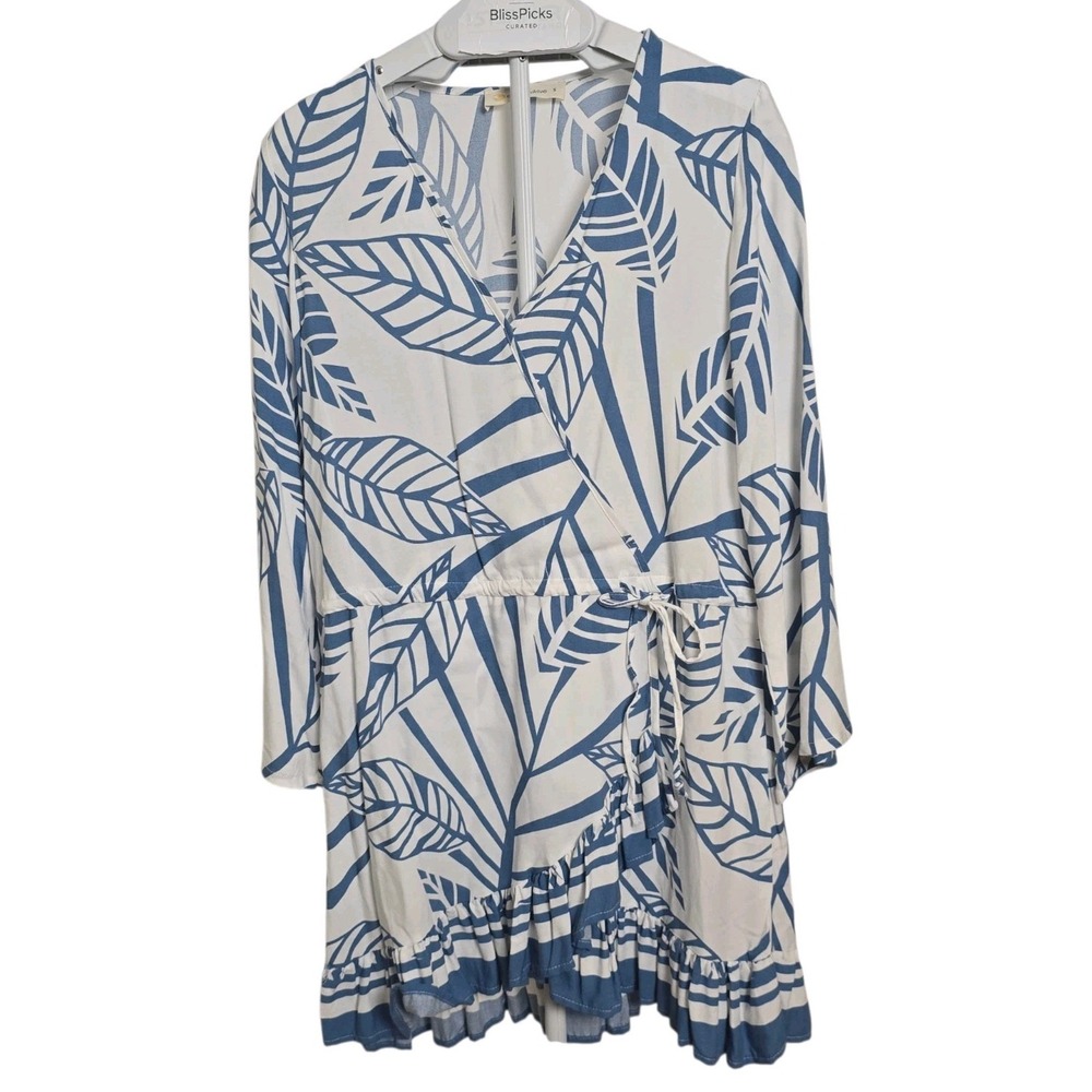 Ocean Drive NWT Mini Dress Small Blue White Palm Leaf Resort Vacation Coastal
